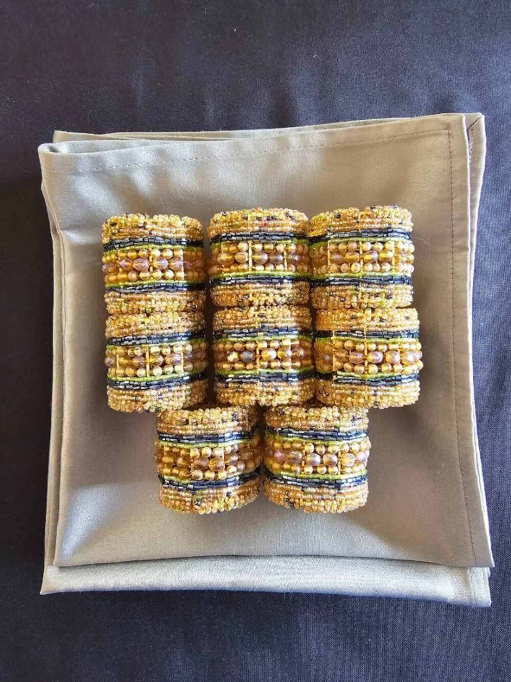 Set of #8 Sateen Napkins, Sage Green + Set of #8 Beaded Napkin Rings